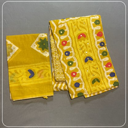 Yellow Cotton Body Mirror Work with all over Bhandini Print