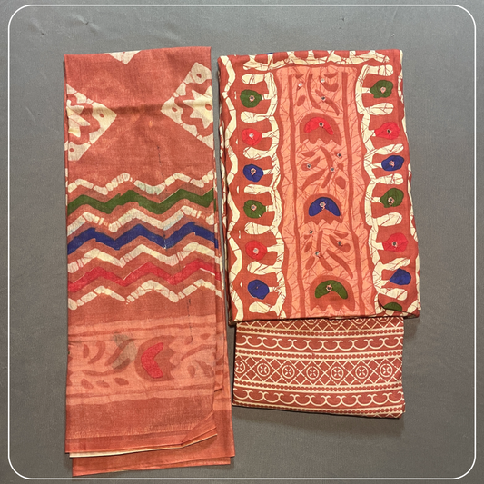 Orange Cotton Body Mirror Work with all over Bhandini Print