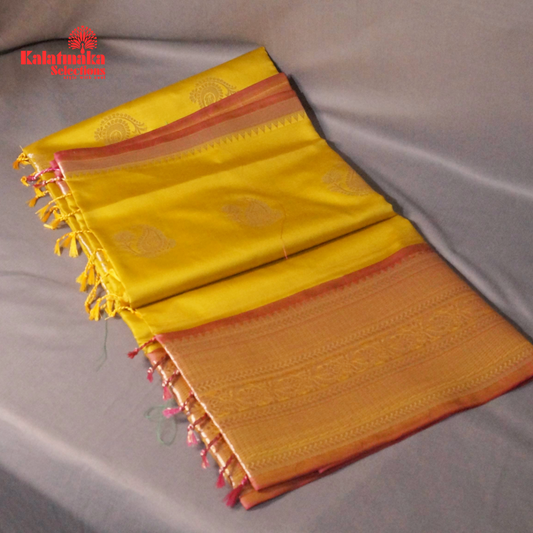 Yellow Uppada Soft Pattu Saree with all over Boota Design and Pink Border with Tussels