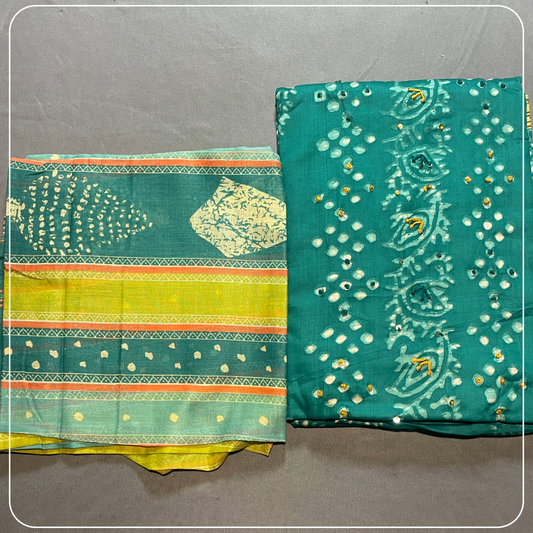 Green Cotton Body Mirror Work with all over Bhandini Print