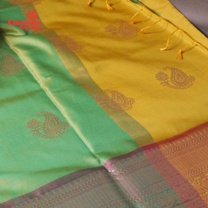 Yellow Uppada Soft Pattu Saree with all over Boota Design and Pink Border with Tussels