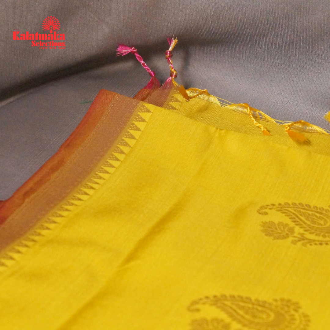Yellow Uppada Soft Pattu Saree with all over Boota Design and Pink Border with Tussels