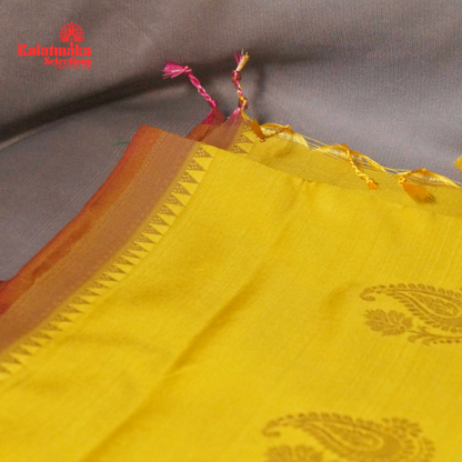 Yellow Uppada Soft Pattu Saree with all over Boota Design and Pink Border with Tussels