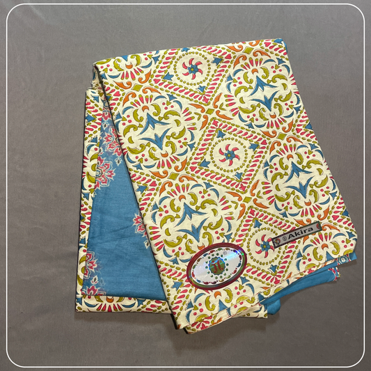 Pure Cotton Cream and Blue Printed Cotton with Kalamkari Prints Dress Material