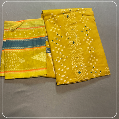 Mustard Cotton Body Mirror Work with all over Bhandini Print