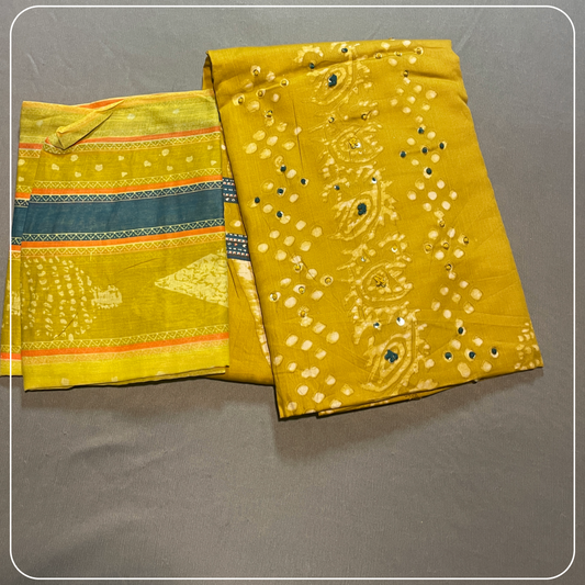 Mustard Cotton Body Mirror Work with all over Bhandini Print