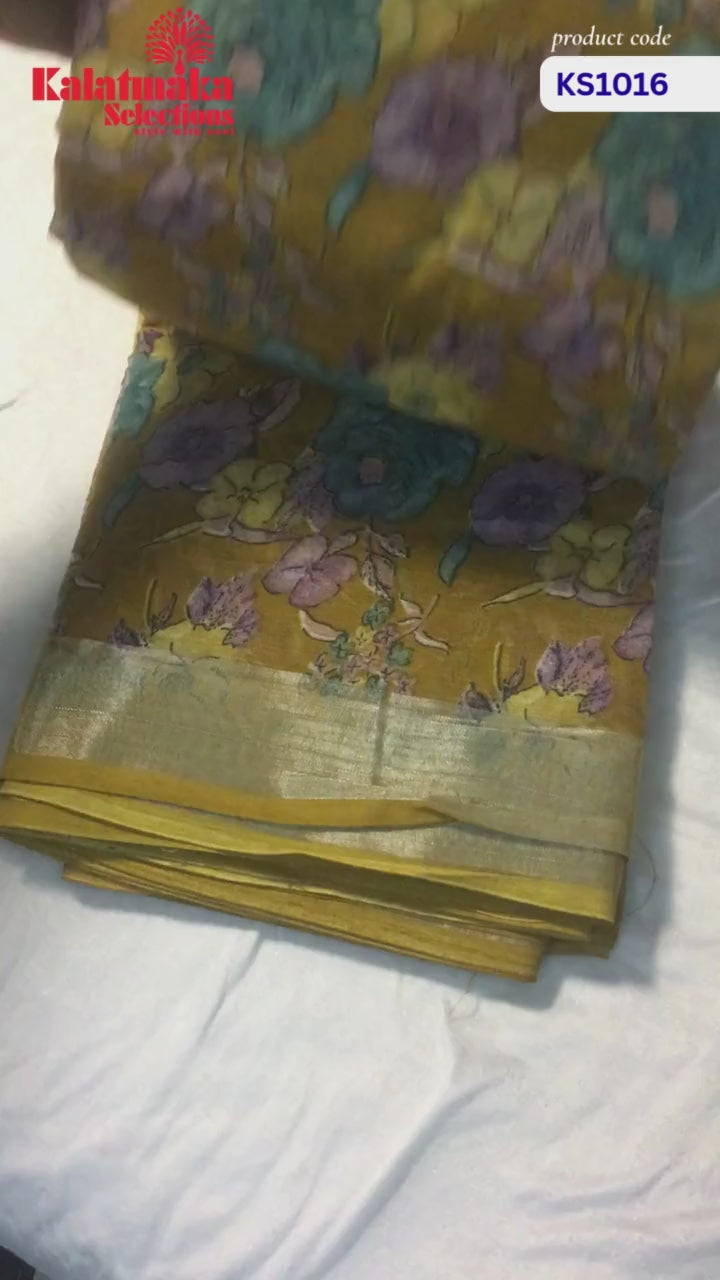 Mustard Floral Design Linen Fancy Saree