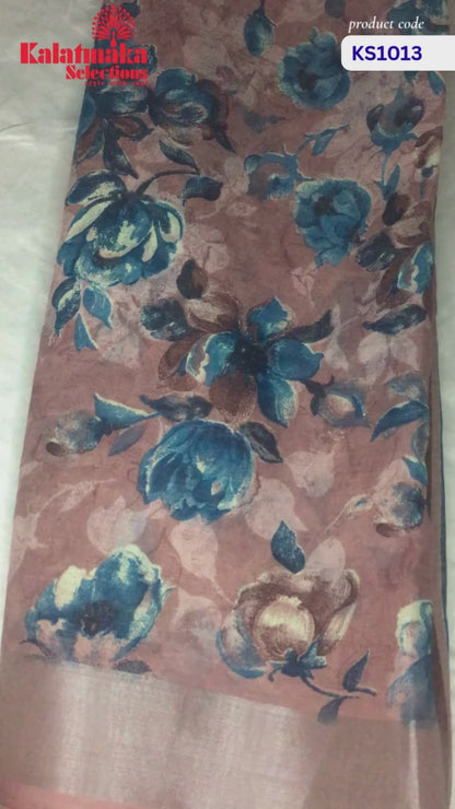 Puce Color Floral Linen Fancy Saree