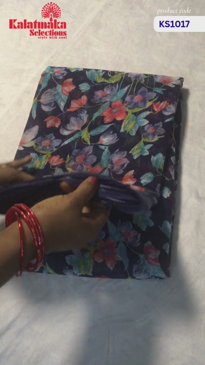 Navy Blue Floral Design Linen Fancy Saree